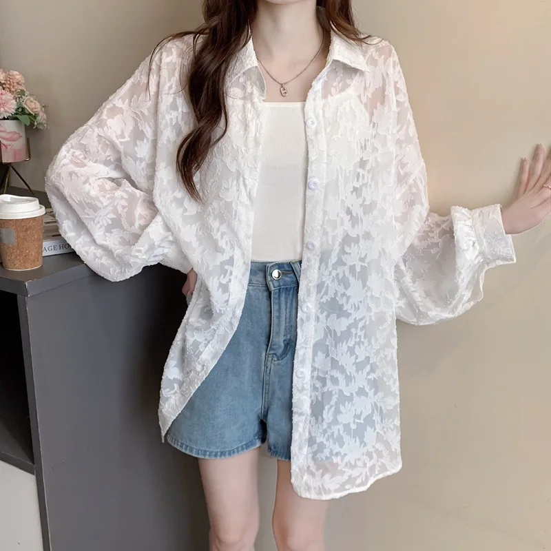 

2025 New White Jacquard Loose Long Sleeve Shirt Design Sense Niche Versatile Fashion Slightly Sheer Shirt Women