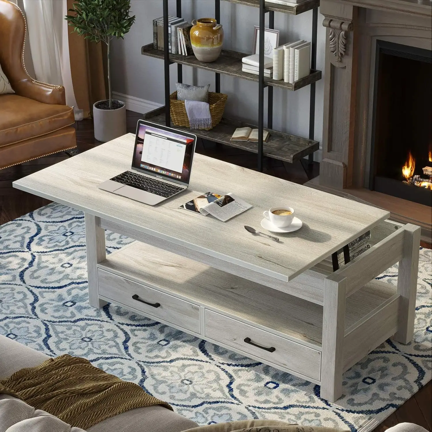 Coffee Table, Lift Top Coffee Table with Drawers and Hidden Compartment, Living Room Table with Wooden Lift Tabletop