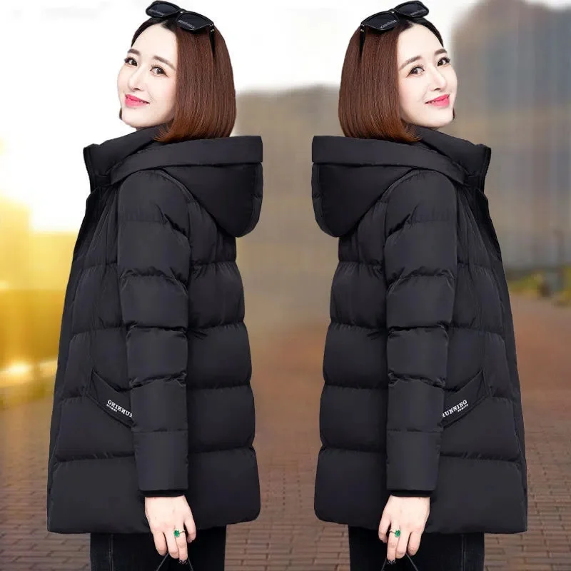 Hooded Winter Jacket Female Parka Removable Cap Cotton Coat Women\'s Mid-Long Korean 2022 New Loose Thicken Down Cotton Coat Pink