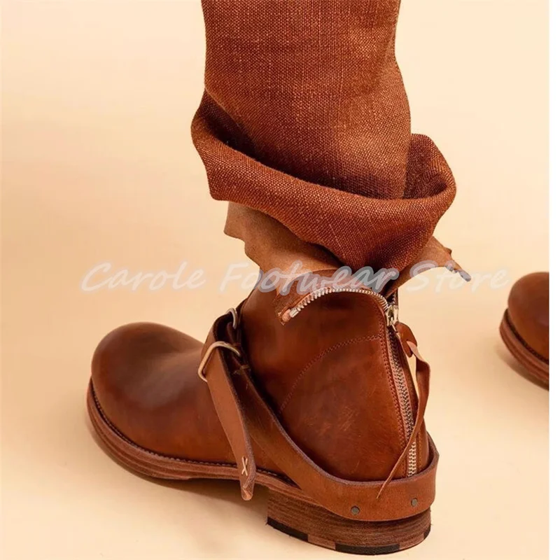 

Male Rivet Belt Buckle Decor Chelsea Boots Retro Leather Chunky Heel Zipper Short Boots Outside Motorcycle Boots for Men