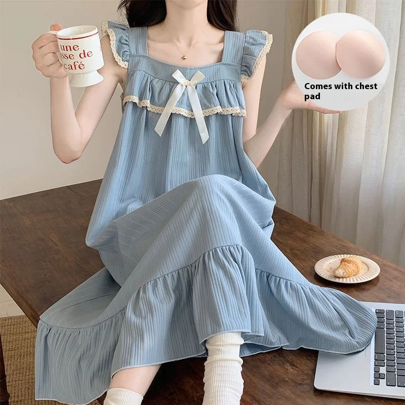 New Female with Cushion Nightgown Nightgown Female Summer Sweet Princess Wind in the Long Section Can Be Worn Outside Home Wear