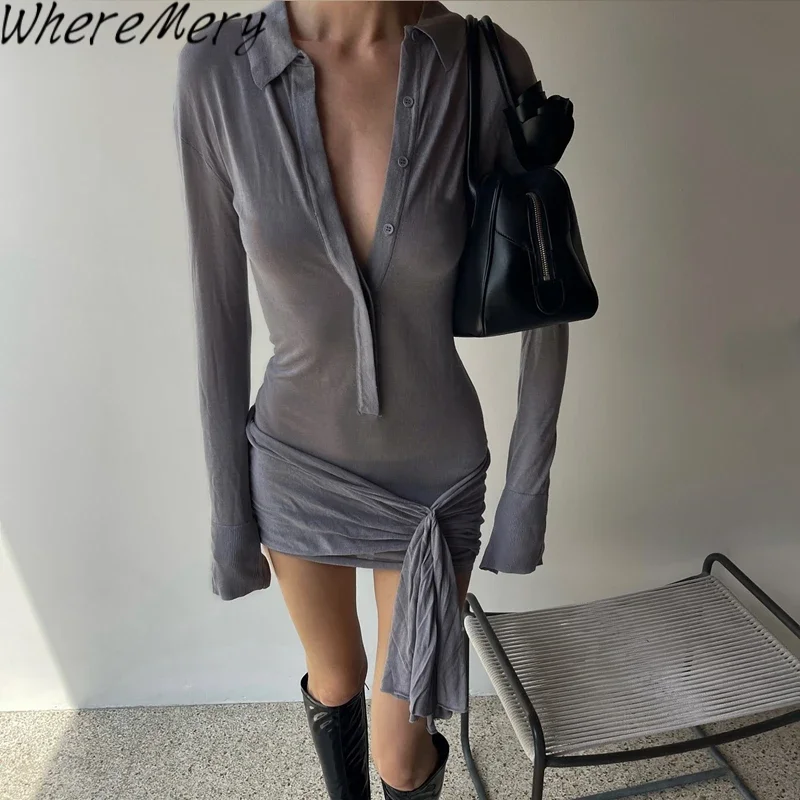 WhereMery Turn-down Collar Long Sleeve Solid Mini Dress Y2K Sexy Chic Slim fit Women Vacation Dresses Summer New Party Vestidos