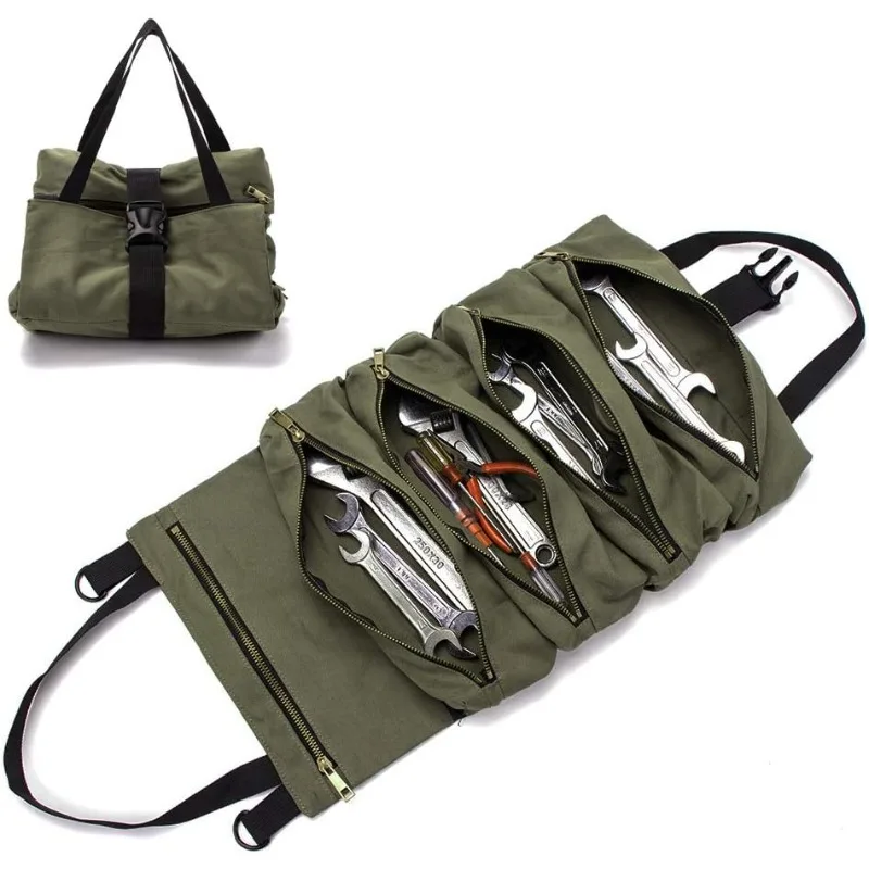 Tool Roll Organizer Pouch Multi-Purpose Roll Up Tool Bag Multi-Pocket with 5 Zipper Tool Pockets Car First Aid Kit