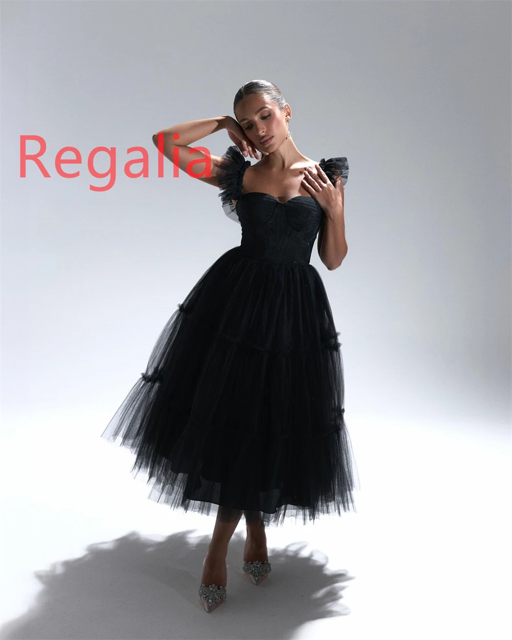 فستان سهرة أنيق من التول الأسود مخصص كلاسيكي بدون حمالات بدون أكمام فساتين العودة للوطن مزاجه فساتين المناسبات الخاصة #6