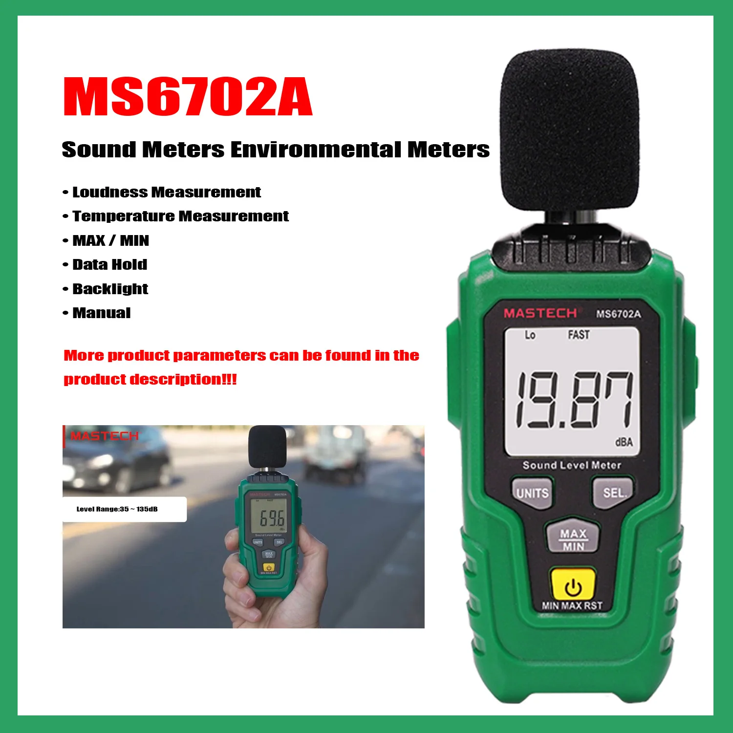 MASTECH MS6702A Sound Meters Digital Environmental Meters Loudness Measurement,Temperature Measurement,MAX / MIN,Backlight.