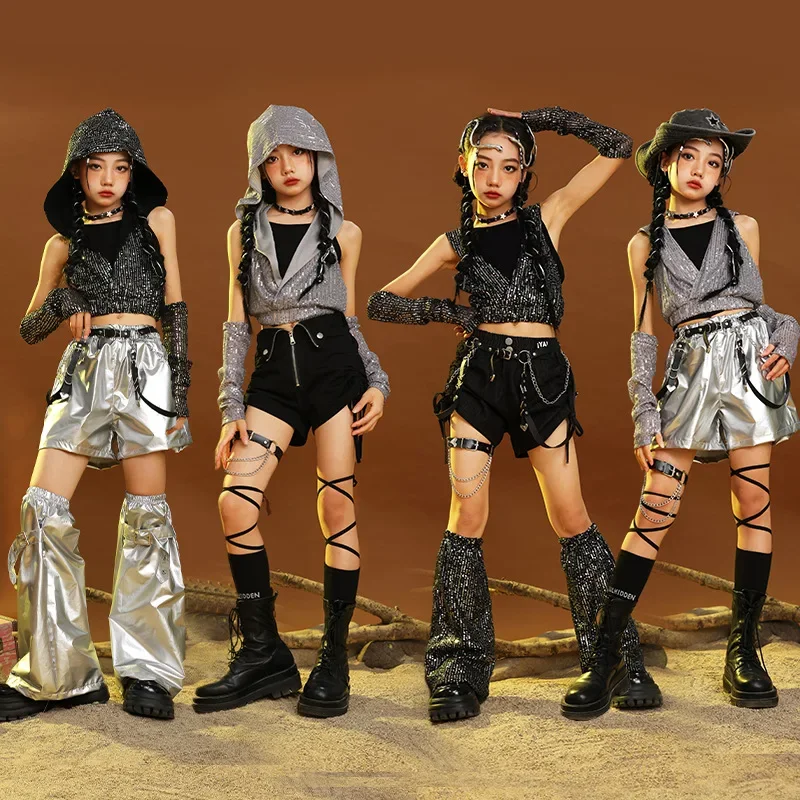 

Girls K-pop Sequin Crop Top Shiny Silver Leather Skirts Kids Hip Hop Streetwear Clothes Set Child Jazz Girl Group Stage Costumes