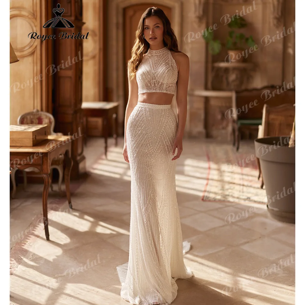 Two Piece Wedding Dress Halter Neck Beaded Tulle Mermaid Bridal Gown Sleeveless Crop Top For Beach Garden Elopement Customized