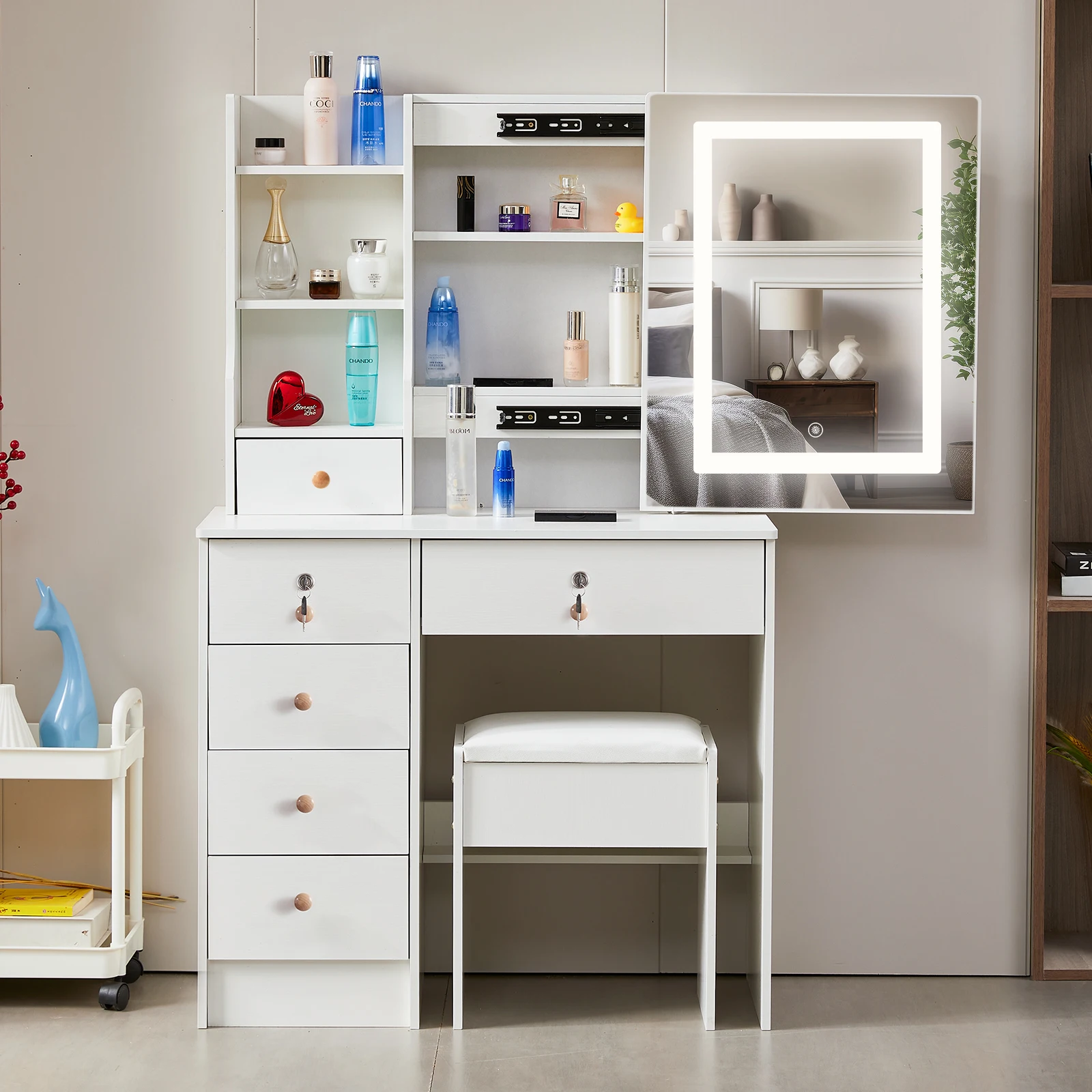 مرآة طاولة الغرور مع أضواء البراز مجموعة ماكياج مكتب منظم مضمد مخزون المملكة المتحدة #1