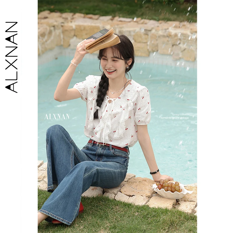 ALXNAN Women Shirt Cute Cherry Print Lace-up Cotton 100% Blouses Peter Pan Collar Flounce Design Short Sleeve Tops Ladies L53556