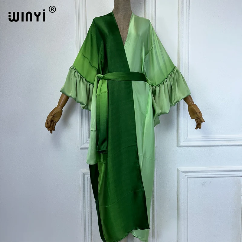 WINYI stopniowy nadruk sukienka z paskiem kobiety eleganckie letnie wakacje kardigan z rękawami bąbelkowymi odzież plażowa strój kąpielowy narzutka kimono