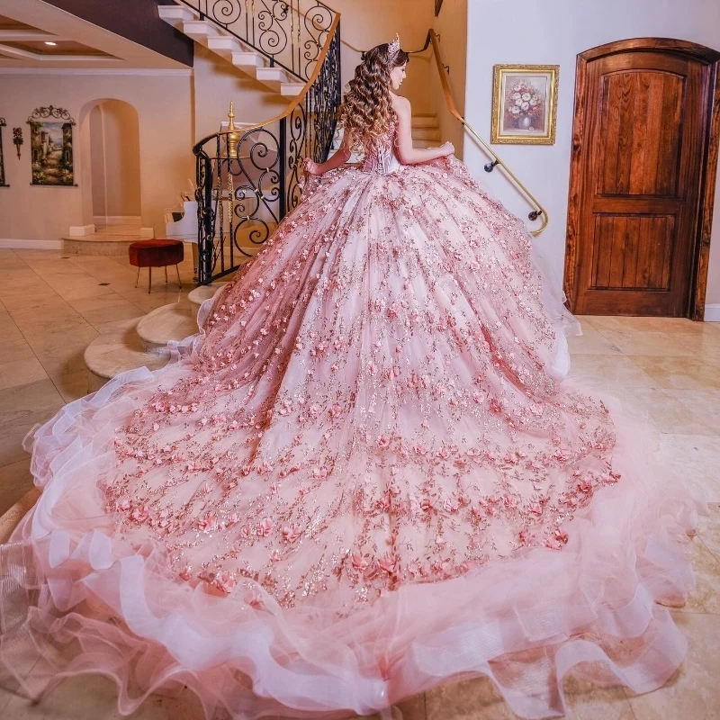 

Light Pink Puffy Princess Quinceanera Dresses 2024 Off Shoulder 3D Floral Beads Tull Gillter Sequins Lace-up Vestidos 15 años