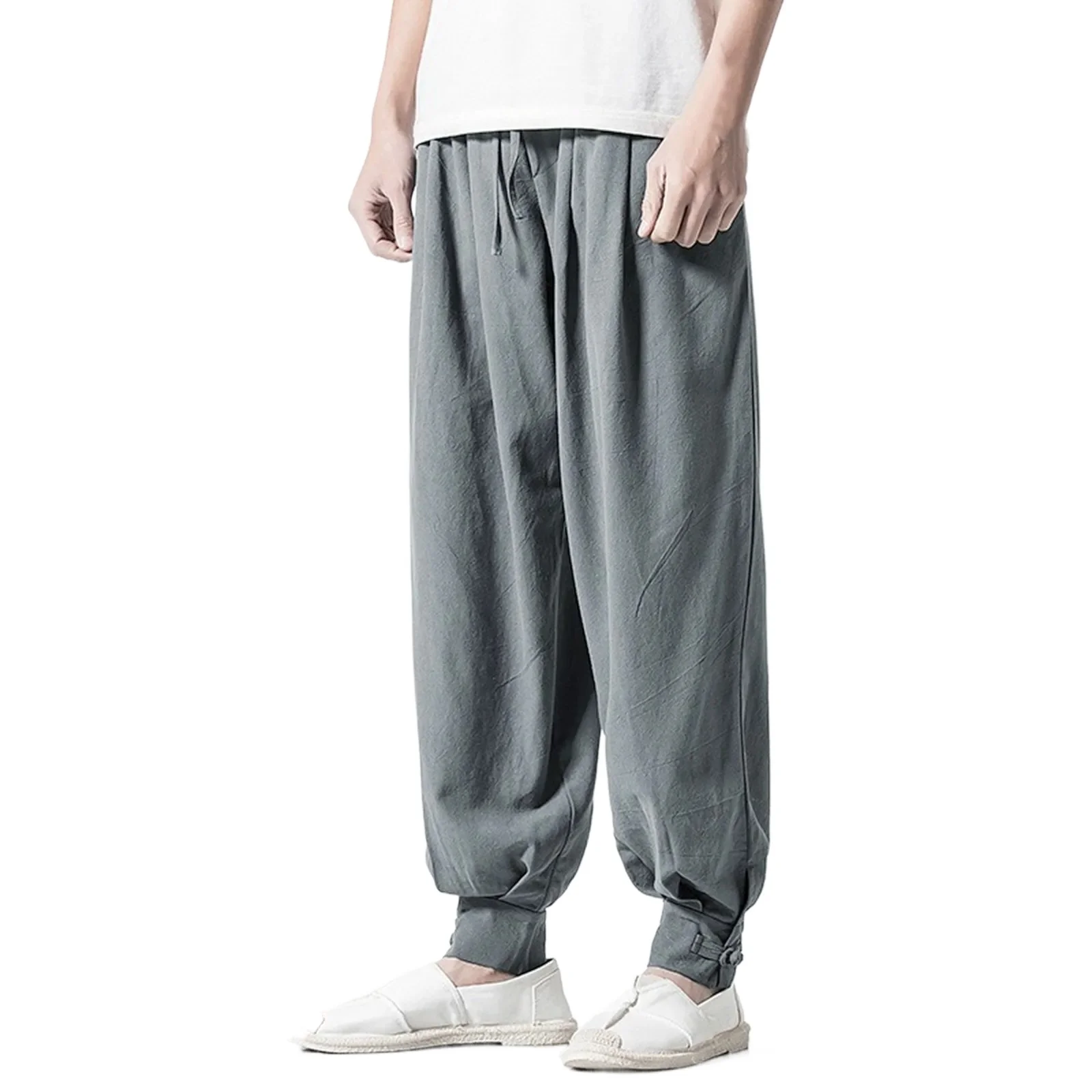 

2026 NewMen Drawstring Pants Summer Baggy Boho Yoga Loose Casual Drop Crotch Trouser with Pockets Cotton Casual Loose Trousers