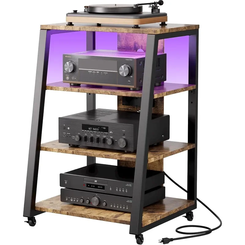 4 Tier Media Stand with Power and LED Stereo Cabinet Rustic Brown