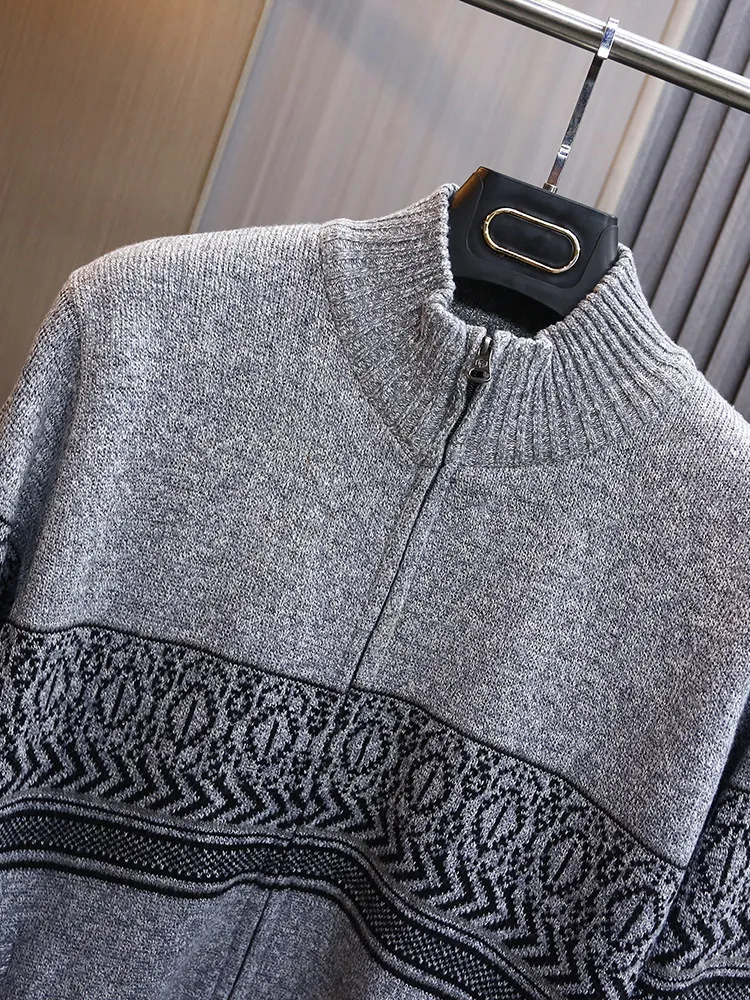 

Теплый вязаный кардиган на флисовой подкладке для мужчин, свободный крой, с высоким воротником, повседневный утепленный зимний свитер-пальто