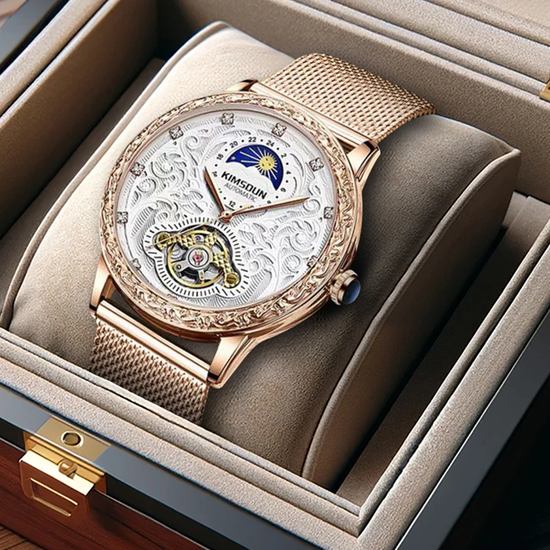 

A men's new trendy vacation-style mechanical watch with a sun and moon case and mesh strap