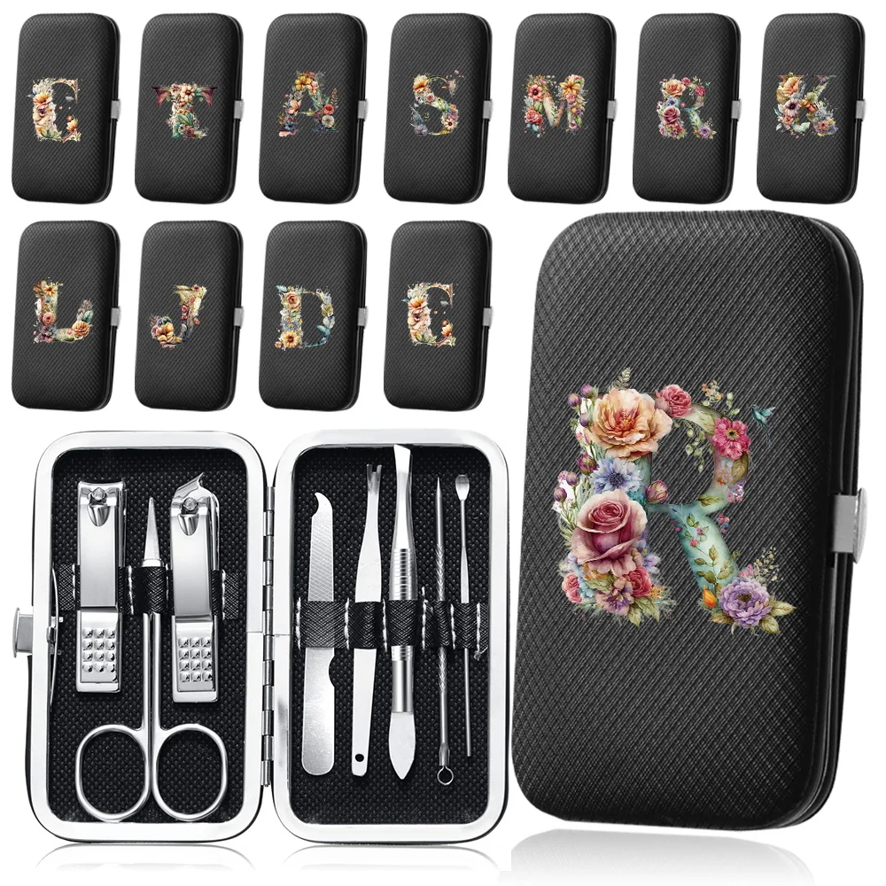 8Pcs Portable Manicure Set Stainless Steel Nail Clippers Pocket Pedicure Kit PU Organizer Makeup Tool Case Floral Letter Pattern