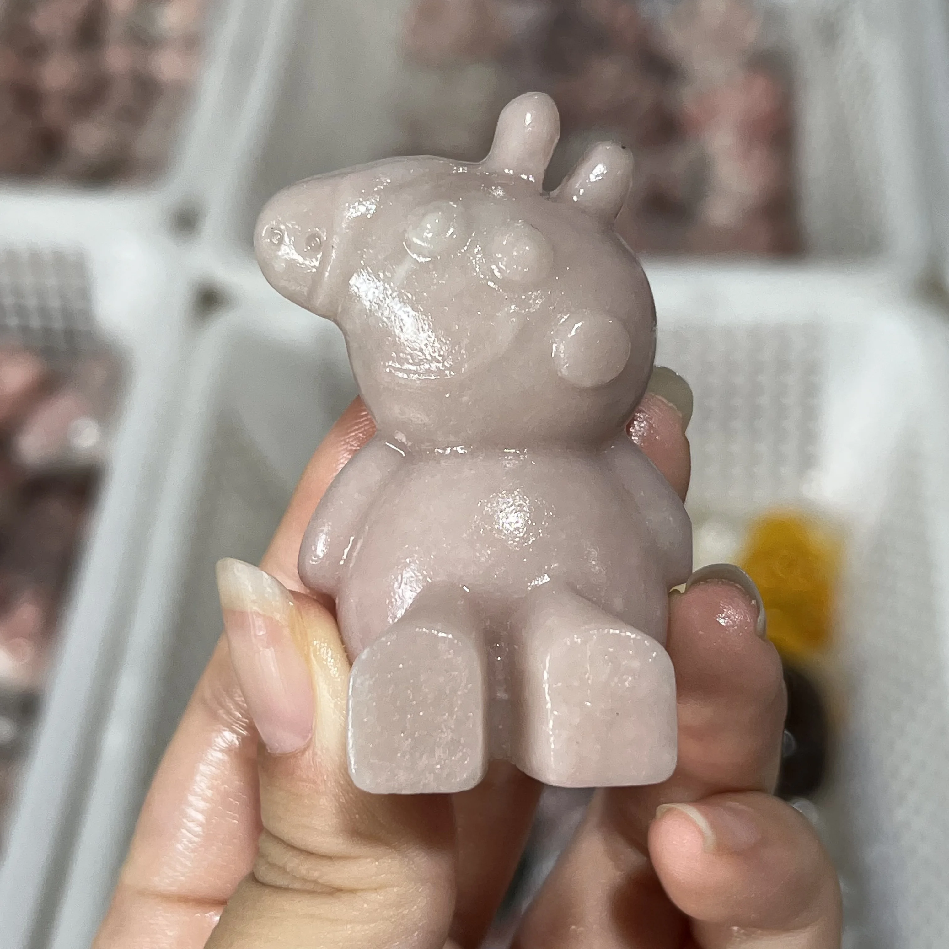 Natural Pink Opal Cartoon pig Carving Animal Statue Healing Fengshui Sculpture For Decoration Holiday Gift 1pcs