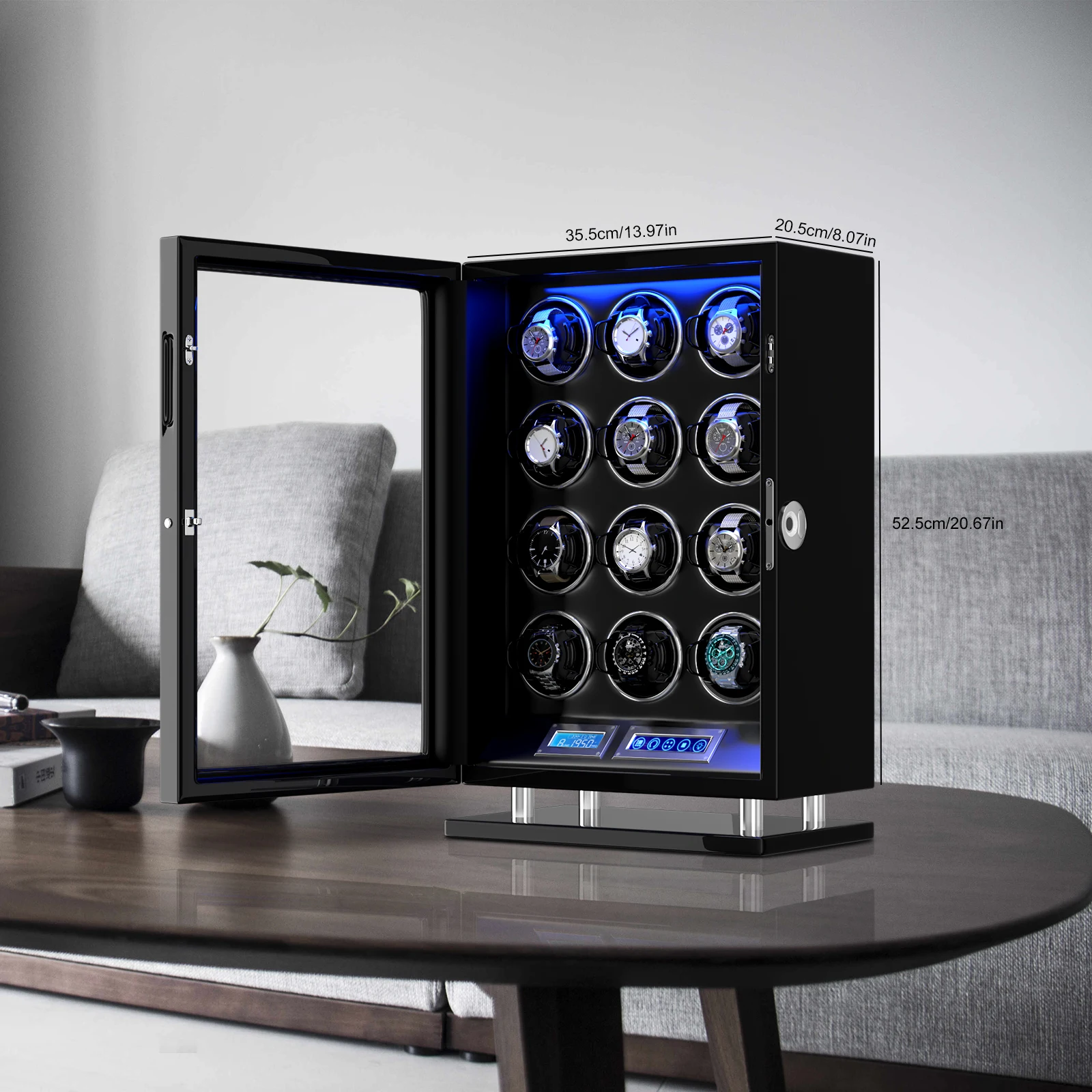 صندوق ملفاف الساعة لساعة أوتوماتيكية 12 ساعة مع ضوء LED أزرق وصندوق تخزين شاشة LCD تعمل باللمس