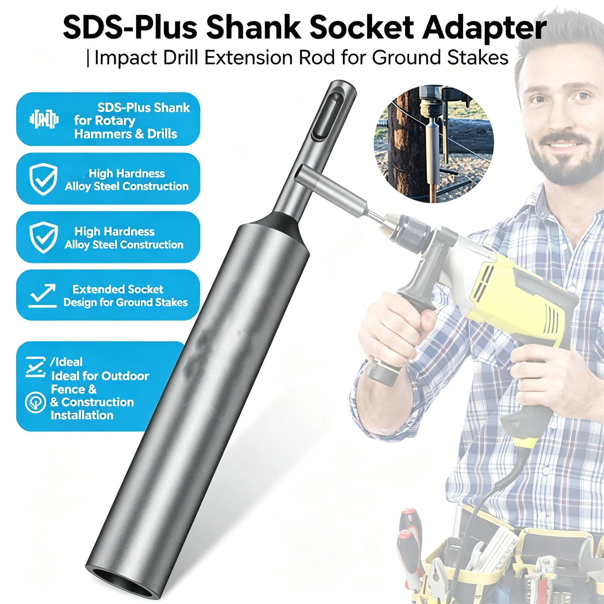 

SDS Plus Ground Rod Driver for 3/4" Earth Rods Industrial Heavy Duty Rebar Driver Tool for Rotary Hammer Drills 19mm Inner Dia