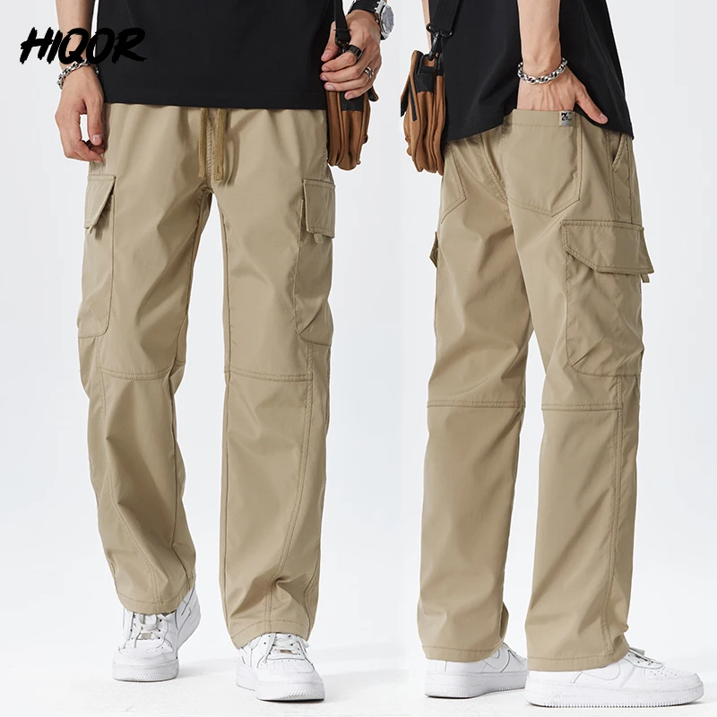 

HIQOR Summer Loose Straight Cargo Pants Khaki Pantalones Cargo Trousers Multiple Pockets Men Outdoor Casual Pants Men Clothing