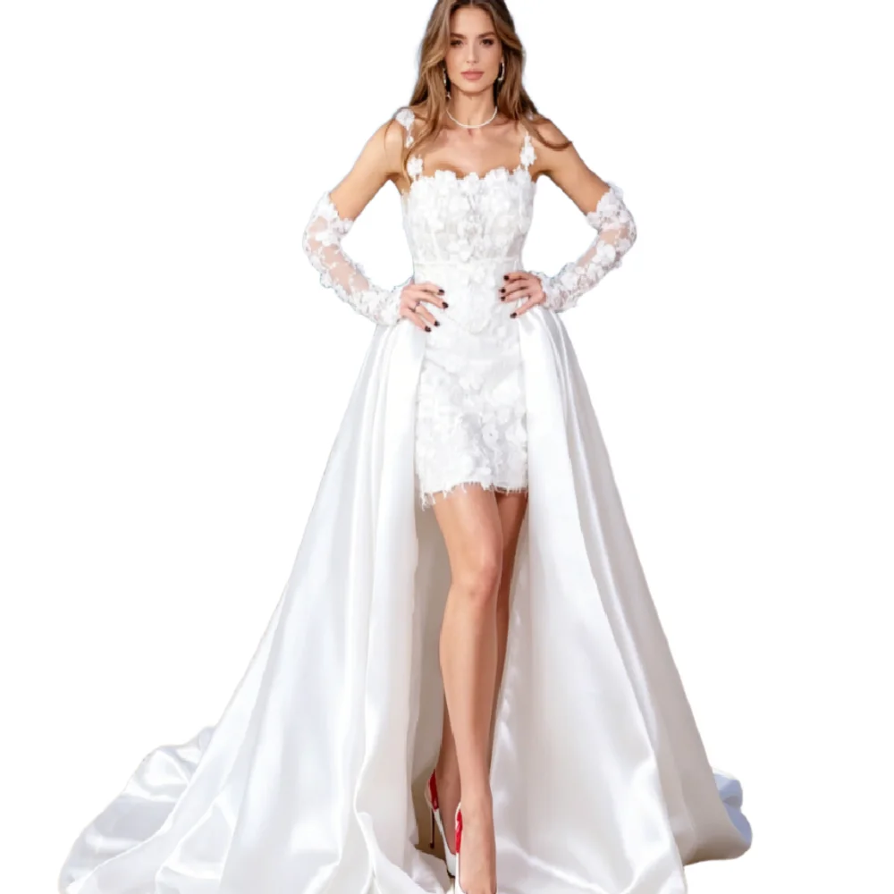 Detachable Overskirt Wedding Dress Spaghetti Strap 3D Floral Lace Short Bridal Gown With Removable Satin Train Hi Low Beach