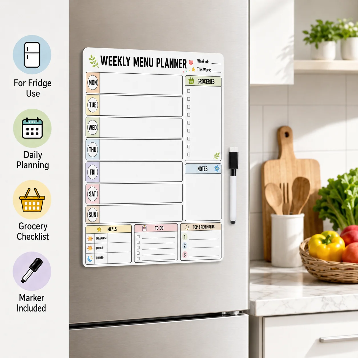 1pc Fridge Dry Erase Weekly Menu Planner Sticker With 1 Erasable Marker, Reusable Whiteboard Meal Planning Board For Kitchen Gro view 2