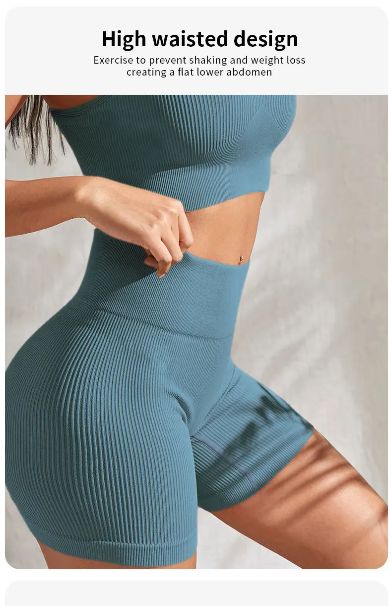 Nahtloses, geripptes Fitness-Set für Damen, einfarbig, gestrickt, 2-teiliges Workout-Outfit, bauchfreies Tanktop, Shorts mit hoher Taille, Yoga, Laufen – Detail 6