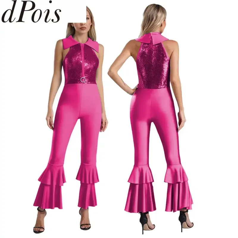 

Women Bell-Bottom Dance Bodysuit 60s 70s Retro Hippie Jumpsuit Halloween Disco Jumpsuit Sleeveless Rhinestone Jazz Dance Wear