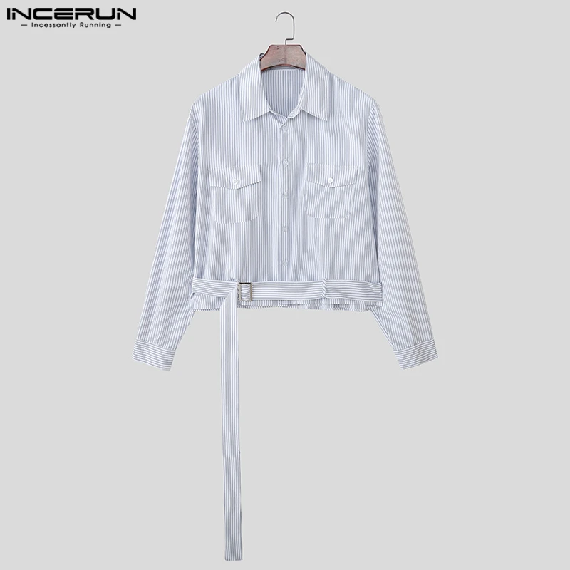 

INCERUN Men Striped Shirt Lapel Long Sleeve Lace Up Casual Men Clothing Loose 2025 Streetwear Korean Style Fashion Male Shirts