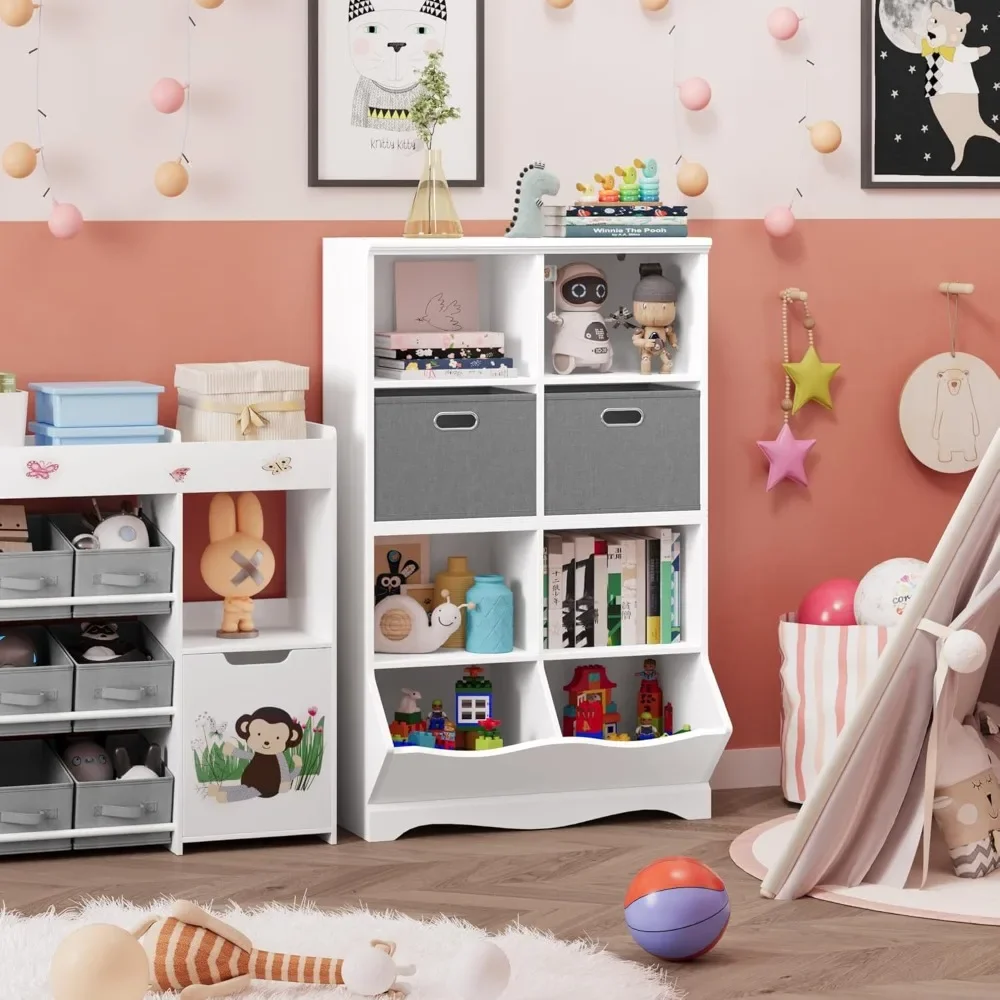 Children Bookcase and Bookshelf with 2 Bins and Cubbies, Toddler 8 Cubby Toy Storage Cabinet for Boys Girls, Kids Room, White