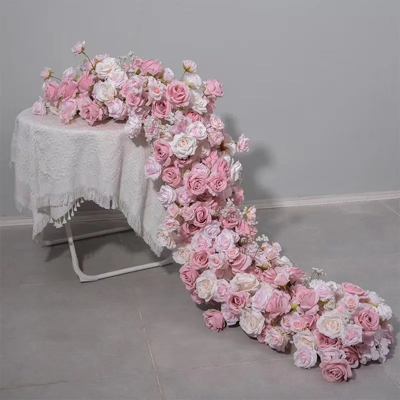 200cm  Luxury White Rose Artificial Flower Row Wedding Table Centerpiece Flowers Backdrop Wall Arches Decor Party Stage Floral