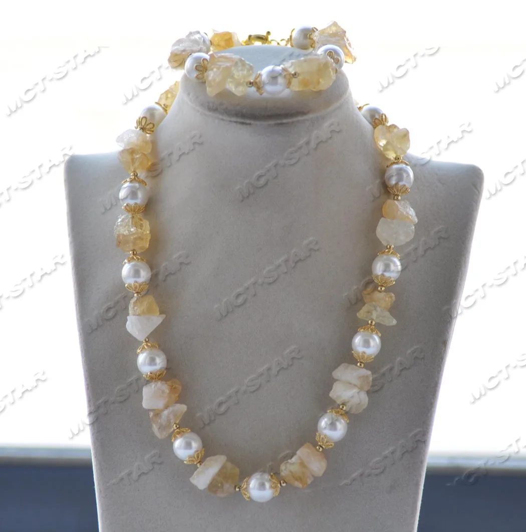 

Z11809 16mm Yellow Citrine Rough-stone White Shell Pearl Necklace Bracelet