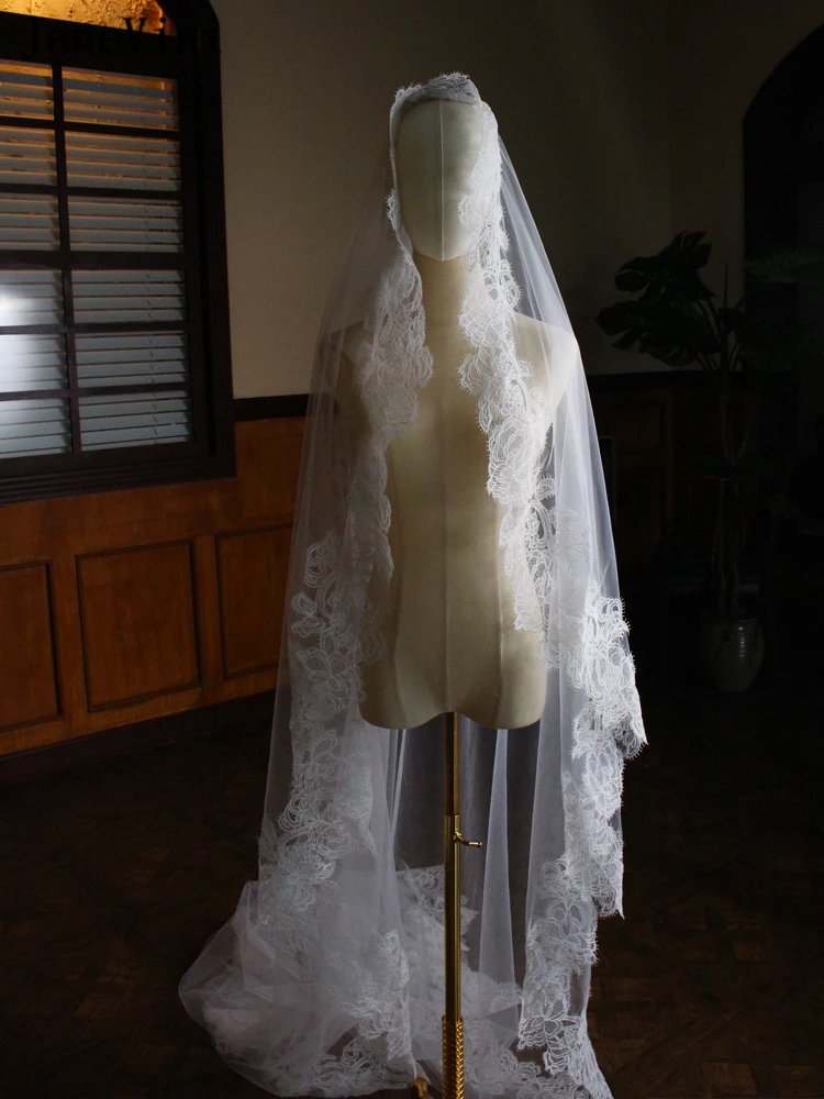 JaneVini-Voile de mariée long européen avec peigne, une couche, bord en dentelle, tulle, élégant, accessoires pour cheveux de mariage, luxe, patients, 2023