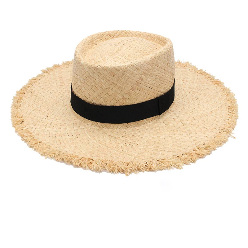 New ladies raffia hat with elegant bow Korean style straw hat women flat top panama hat UV protection summer vacation hat cap