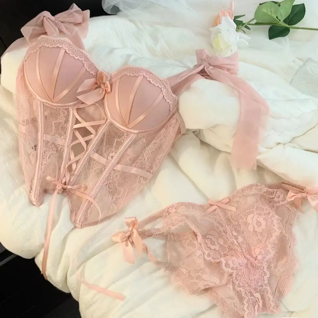 Sweet Sexy Lace Lingerie Bra Set Fishbone Corset Spicy Girl Thin Strap Gathered Type Women\'s Underwear