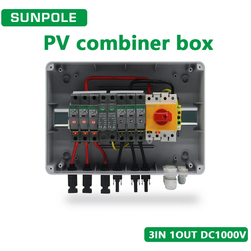 PV Combiner Box 3 in 1out DC1000V With Solar photovoltaic Lightning Protection  Fuse SPD Isolator Switch Waterproof Box IP65