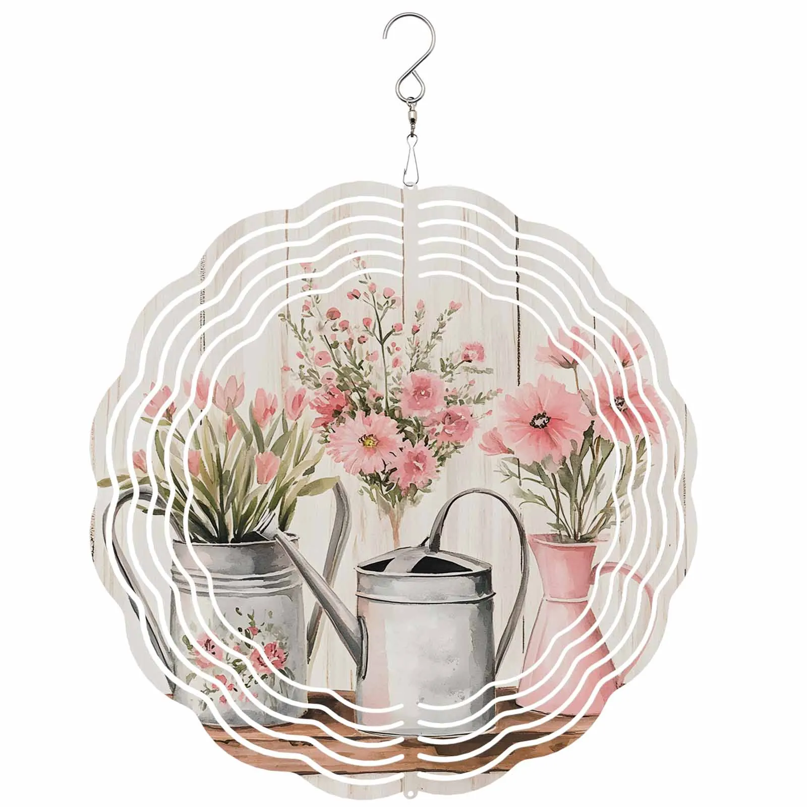 

Spring Pink Flower Stainless Steel Hanging Decorations For Home 3D Rotating Wind Spinner