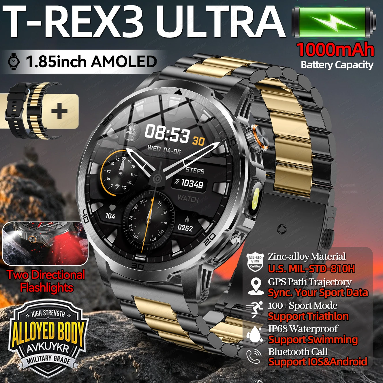 

2026 New 1000mAh Battery Sports Smart Watch 1.85" AMOLED Screen IP68 Waterproof 100+Sport Mode Military T-Rex3 Smartwatches Men