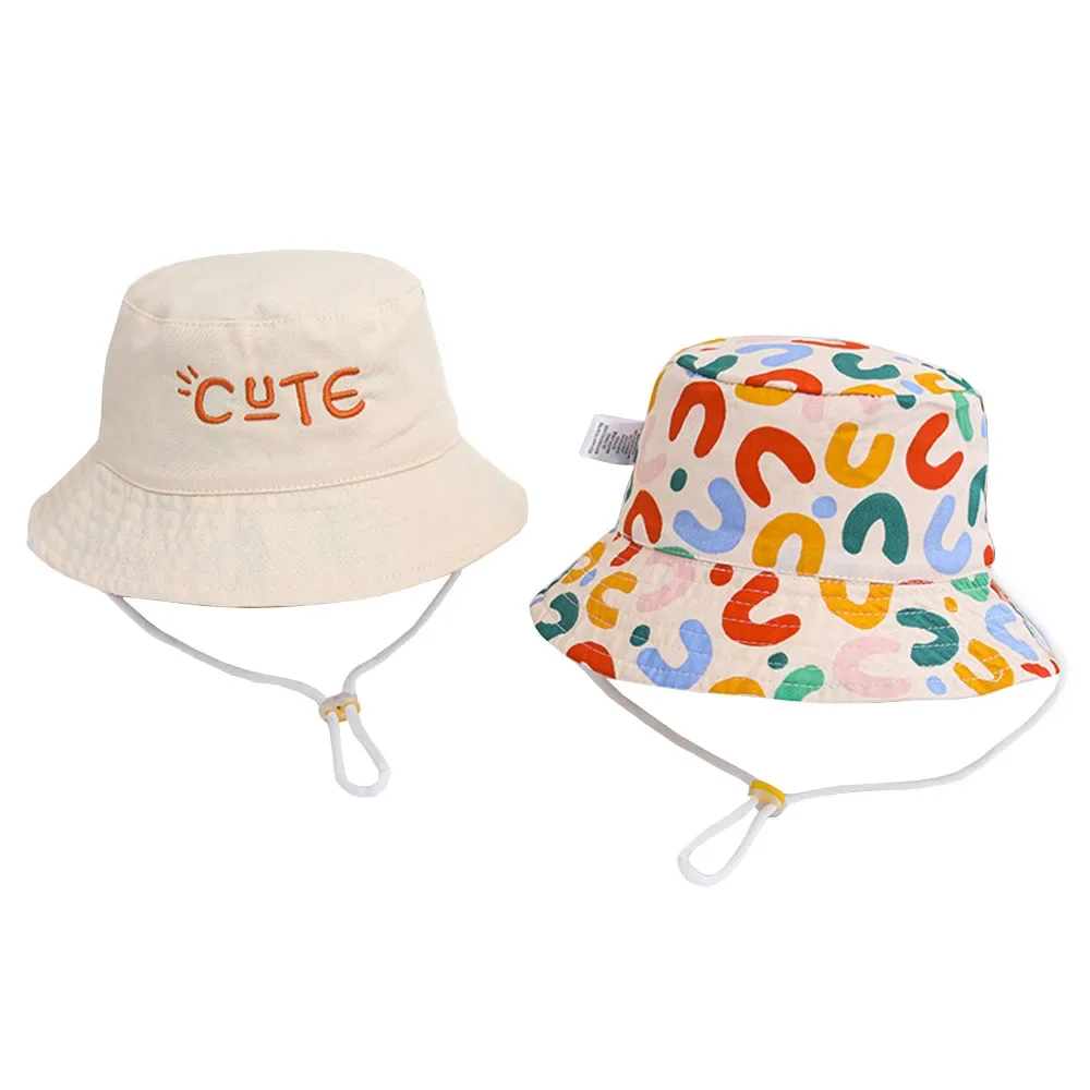 

Summer Double Sided Baby Bucket Hat with String Cute Letter Embroidered Boys Girls Fisherman Cap Outdoor Kids Sun Hat