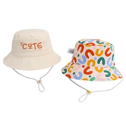 Summer Double Sided Baby Bucket Hat with String Cute Letter Embroidered Boys Girls Fisherman Cap Outdoor Kids Sun Hat