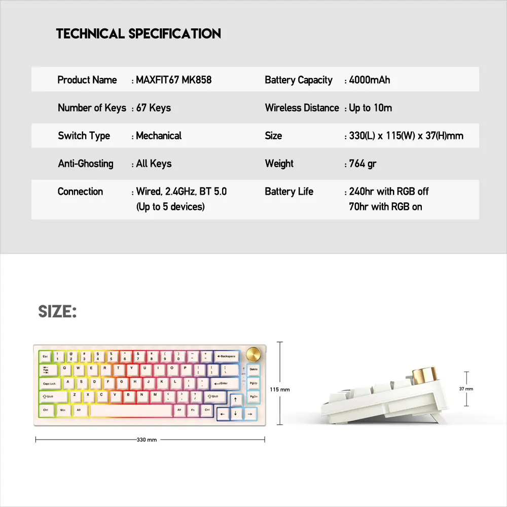 Imagem -06 - Teclado Mecânico sem Fio Pbt Keycaps Hot-swappable 65 Wired 70 Horas Inglês Teclado Fantech-maxfit67