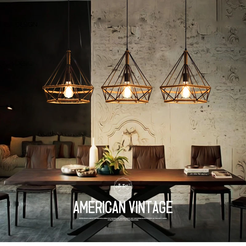 Retro Industrial Chandelier Russian Attic Cage Diamond-shaped Hemp Rope Dining Room Living Kitchen Bedroom Black Rope Lamp