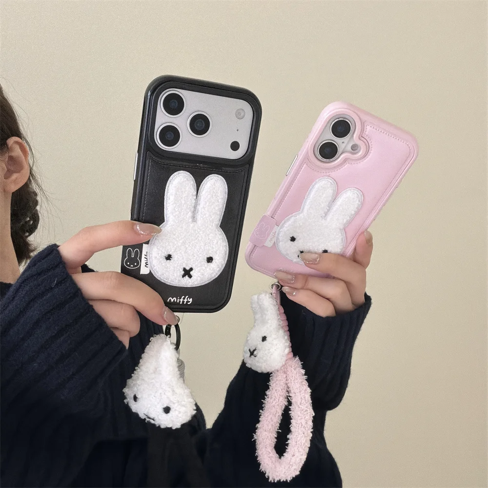 

Korean INS Simple Line Plush Rabbit Fashion Leather Phone Case for iPhone 15 Pro 14 16 Pro Max 17 Max Cover Cute Shockproof Case