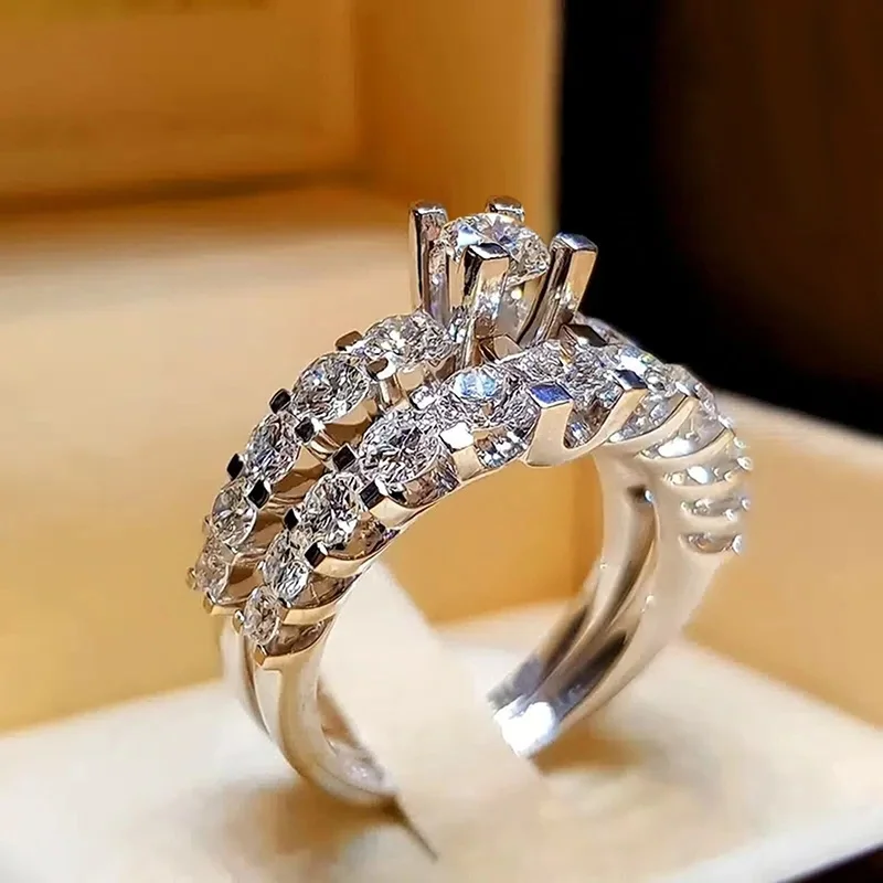 Caoshi romântico 2 peças conjunto de anéis de proposta para mulheres deslumbrante redondo zircônia cúbica acessórios de dedo de casamento joias de declaração