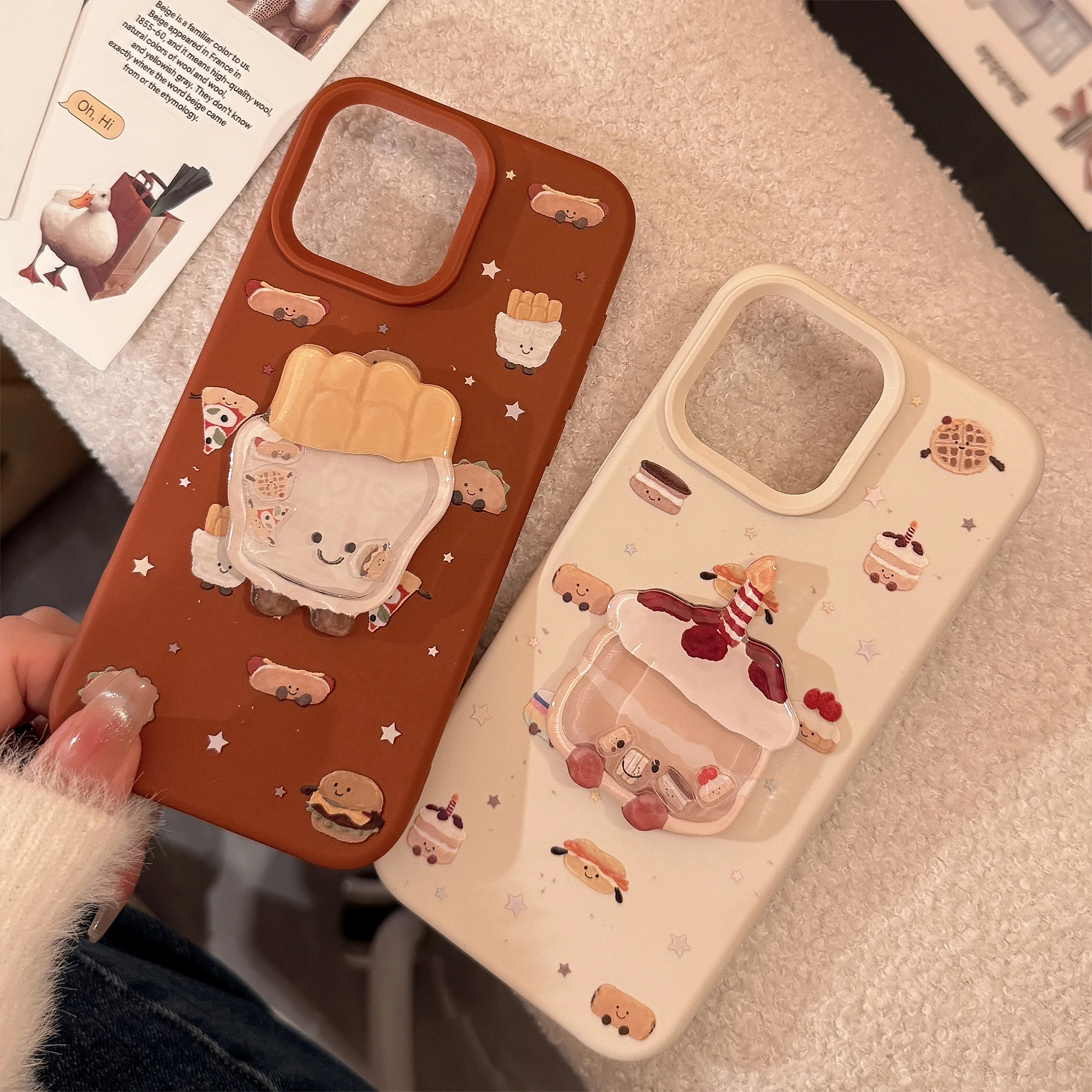 Ins Cute Cartoon Hamburger French Fries AndWobble Stickers Phone Case for iPhone 16 15 14 13 Pro Max 12 11 Back Cover Funda