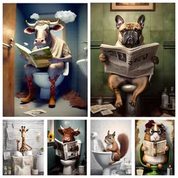Diamond Painting Dogs Cow Cat Sitting on Toilet,New 2024 Diamond Mosaic Zipper Bags,Modern Animal Funny Bathroom Wall Decor