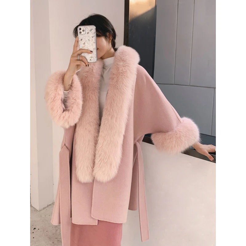 

Hot Selling Woolen Coat With Fox Fur Collar Double Faced Winter Wool Cashmere Hooded Coat Real Fur Women Overcoat with Belt