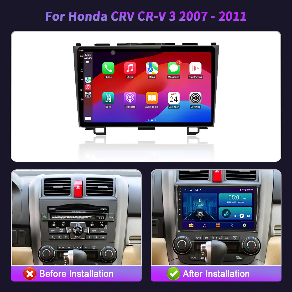 For Honda CRV CR-V 3 2007-2011 Android 14 Car Radio Multimedia Center 4G GPS Navigation Wireless Bluetooth Carplay Screen Stereo