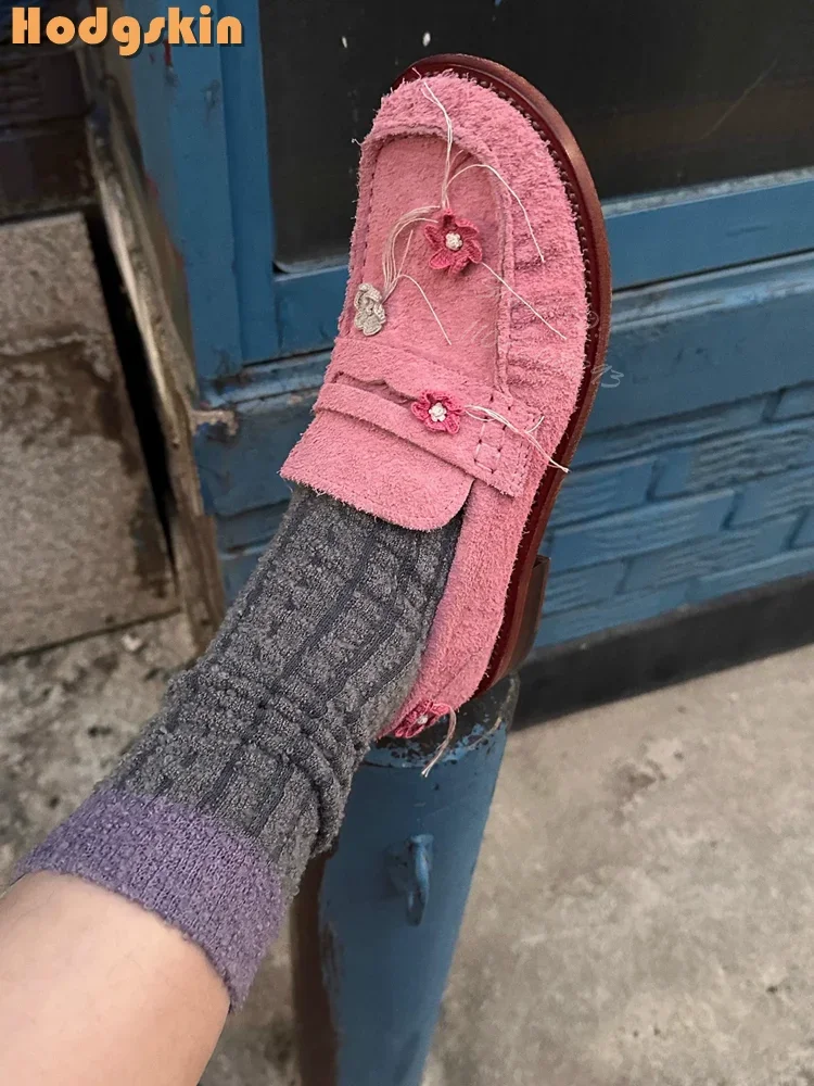 

Flower Fringe Flat with Loafers Retro Brown Suede Ladies Leather Shoes Slip-on Square Toe Fashion Casual Shoes 2025 Autumn