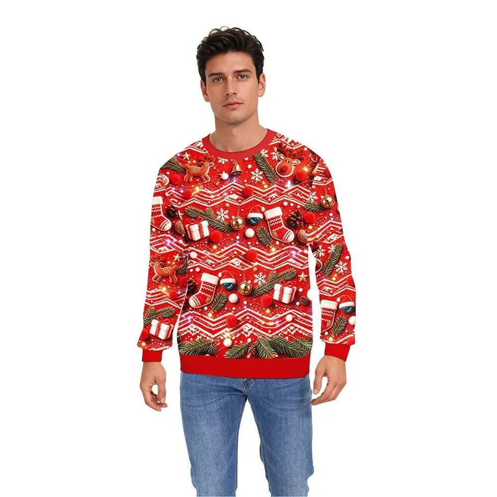 Apparel 3D Digital Print Christmas Sweatshirt Red Casual Santa Claus Pullover Winter Pullover Festive Christmas Crewneck Xmas